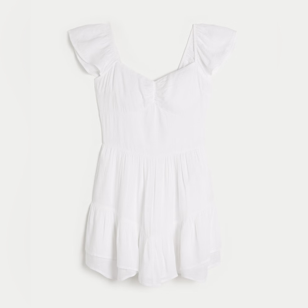 Hollister White Textured Ruffle Sleeve Dress